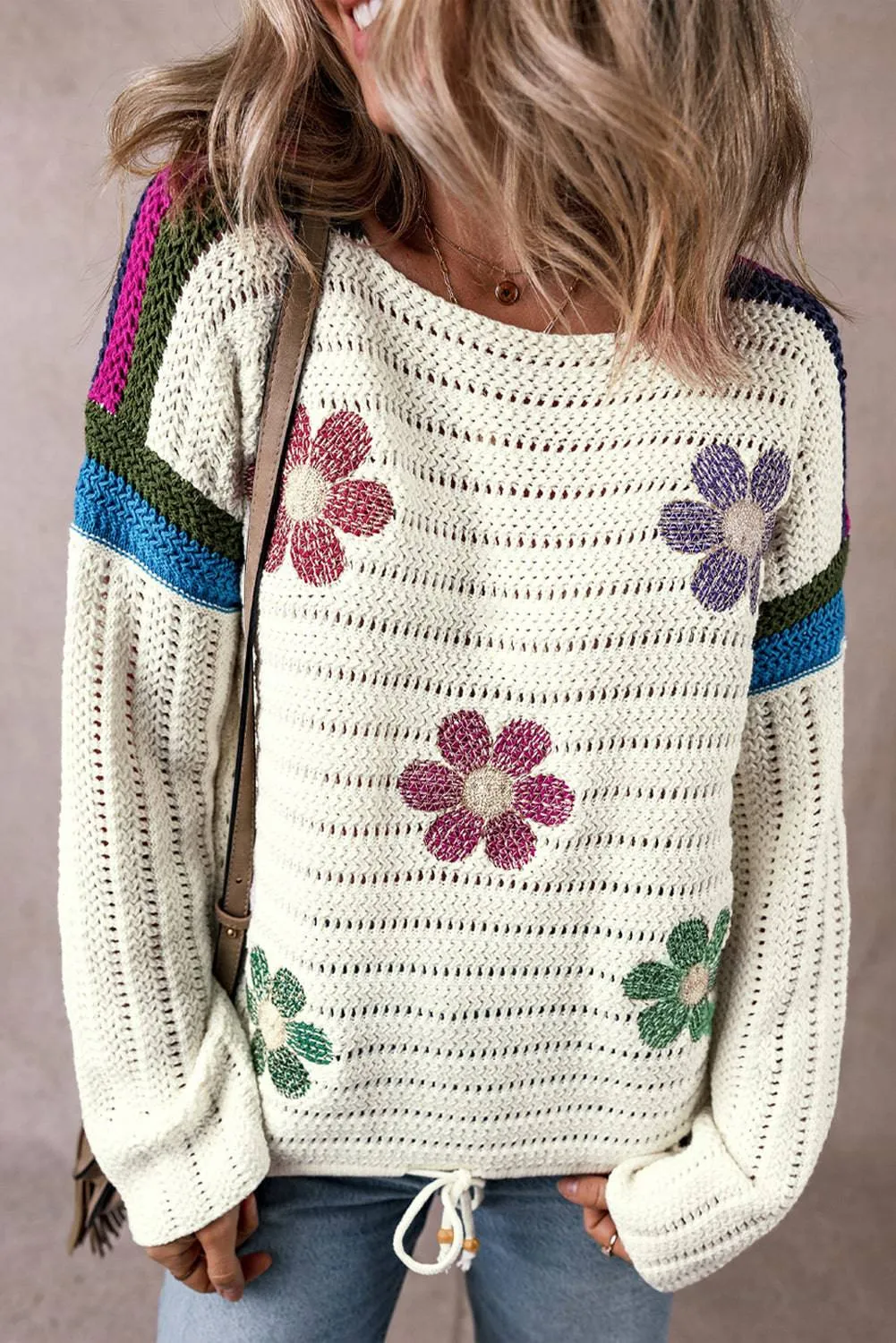 White Daisy Flower Pointelle Knit Sweater sold by Beagle Boutique