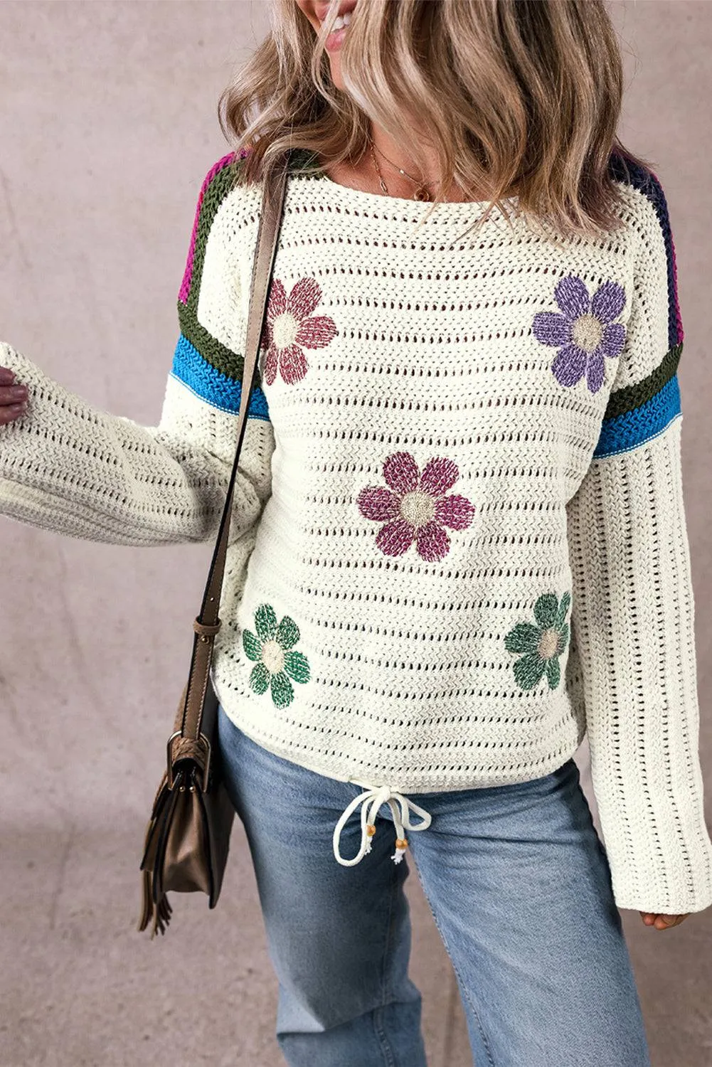 White Daisy Flower Pointelle Knit Sweater sold by Beagle Boutique product image thumbnail 3