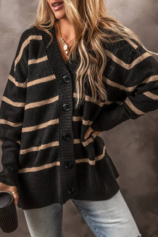 Black Stripe Buttoned V Neck Drop Shoulder Loose Cardigan sold by Beagle Boutique