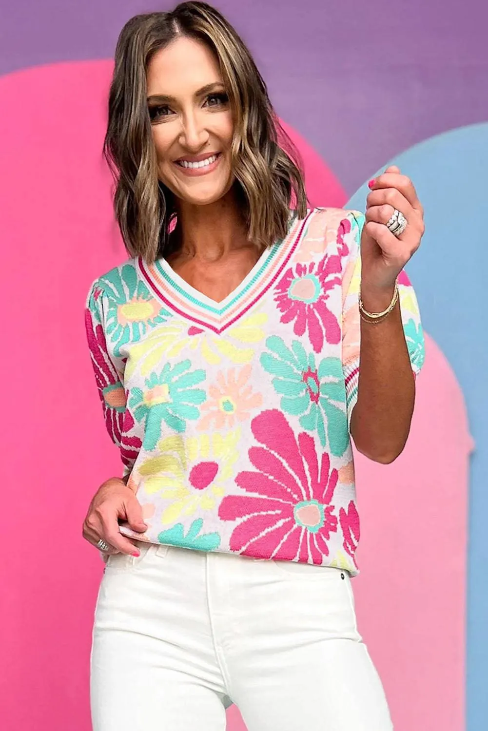 Multicolour Floral Print V Neck Short Sleeve Sweater sold by Beagle Boutique product image thumbnail 2
