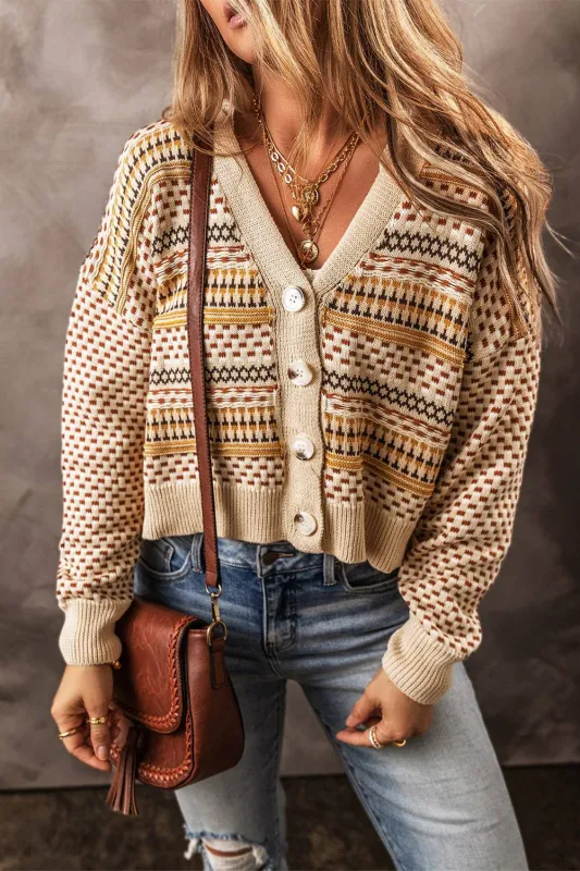 Khaki Buttoned V Neck Cropped Cardigan sold by Beagle Boutique