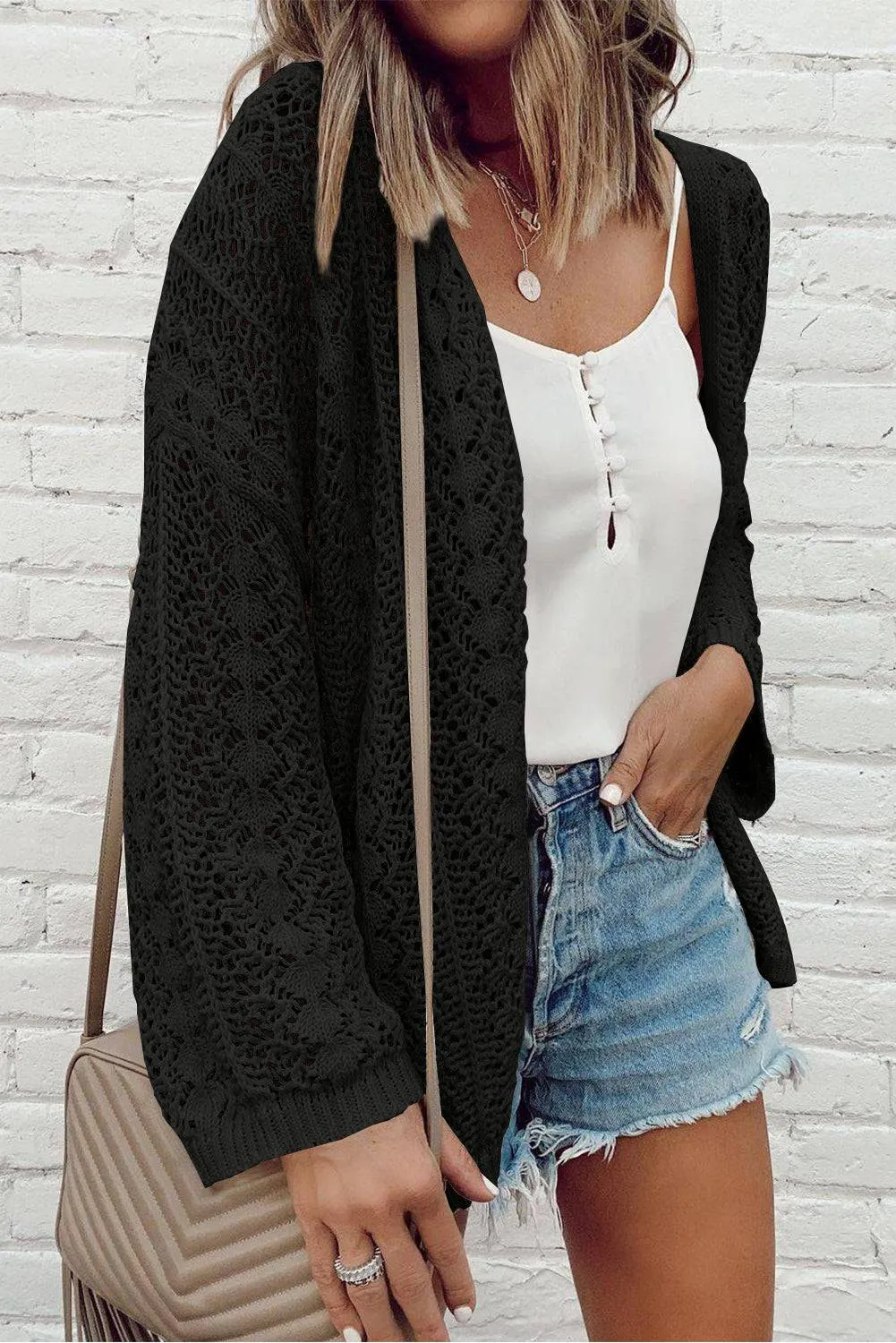 Black Hollow Out Knit Drop Shoulder Open Front Cardigan sold by Beagle Boutique product image thumbnail 2
