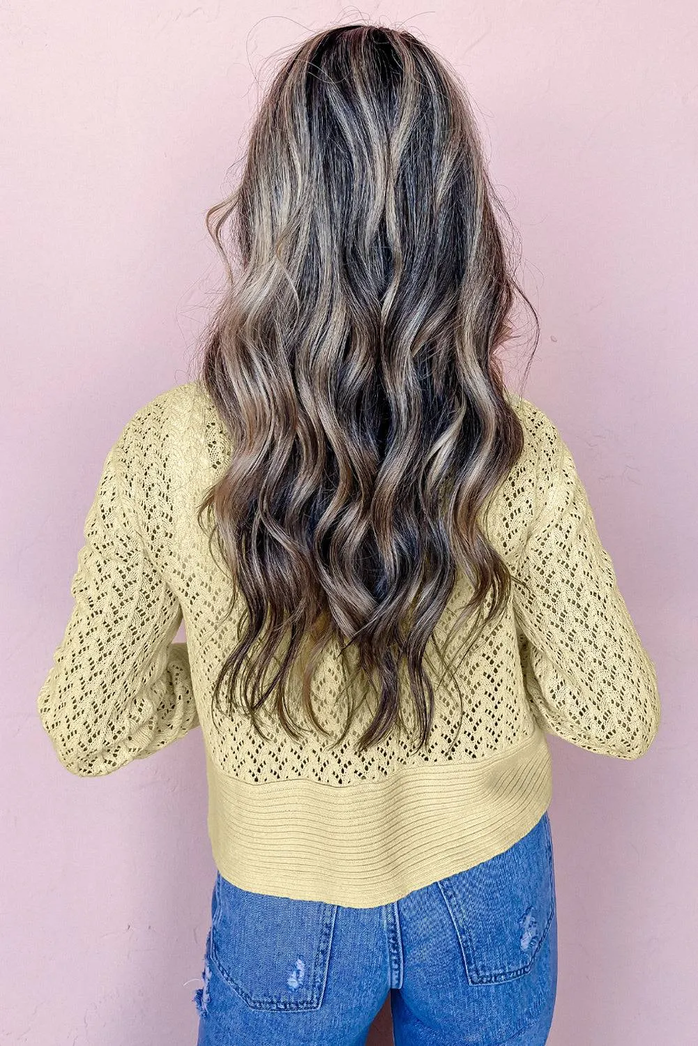 Yellow Cream Pointelle Knit Open Front Short Cardigan sold by Beagle Boutique product image thumbnail 2