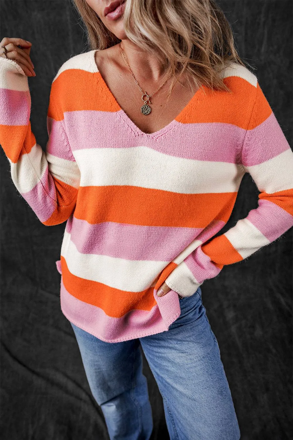 Orange Stripe Colourblock V Neck Casual Sweater sold by Beagle Boutique
