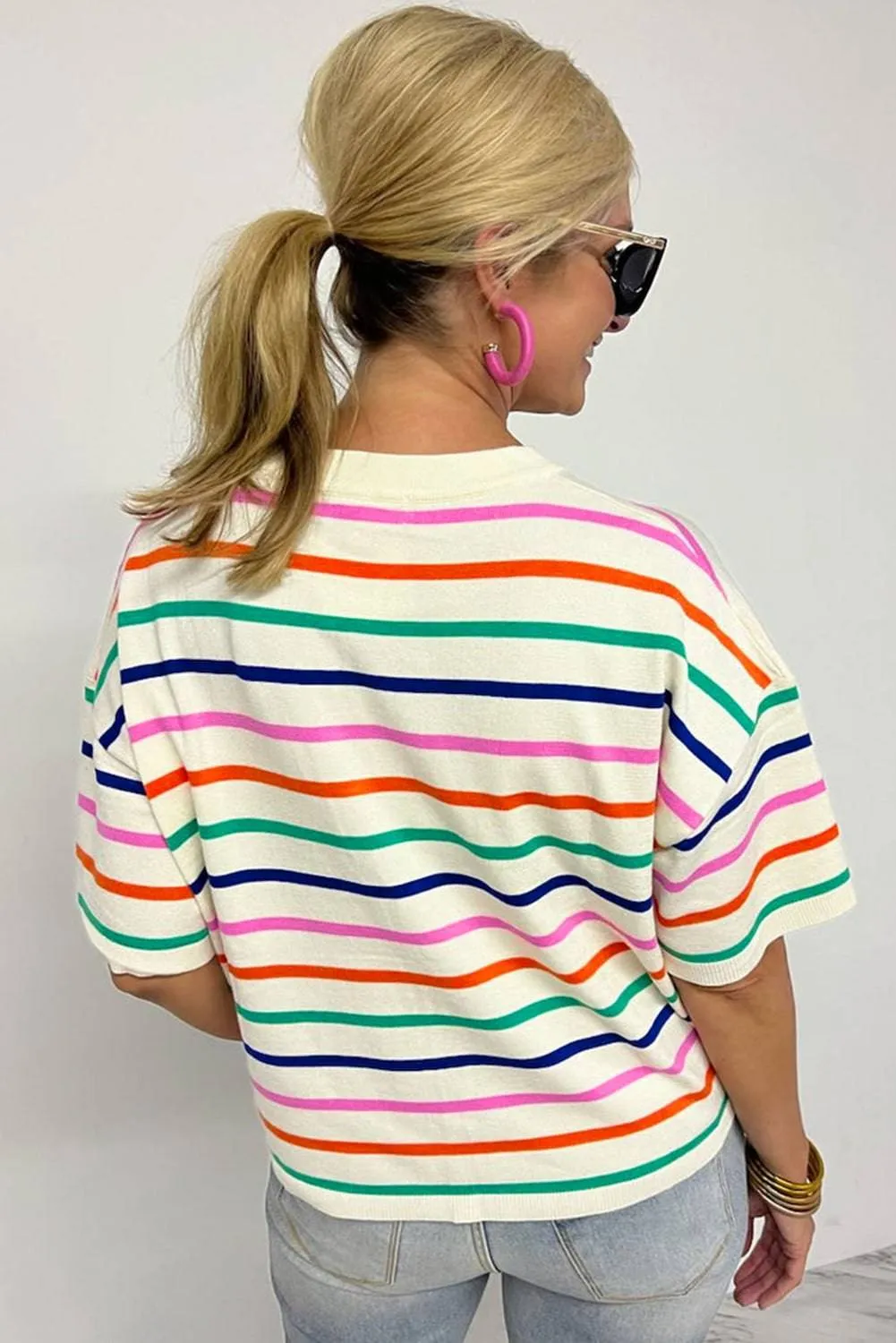Beige Stripe Dropped Short Sleeve Boxy Fit Knitted Top sold by Beagle Boutique product image thumbnail 2