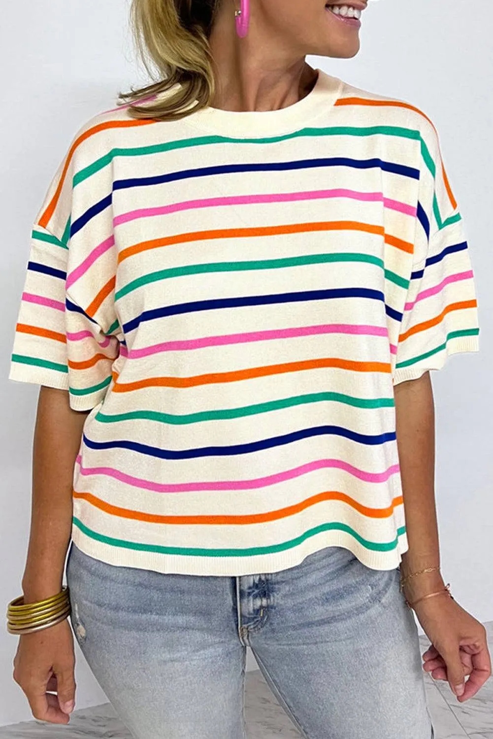 Beige Stripe Dropped Short Sleeve Boxy Fit Knitted Top sold by Beagle Boutique