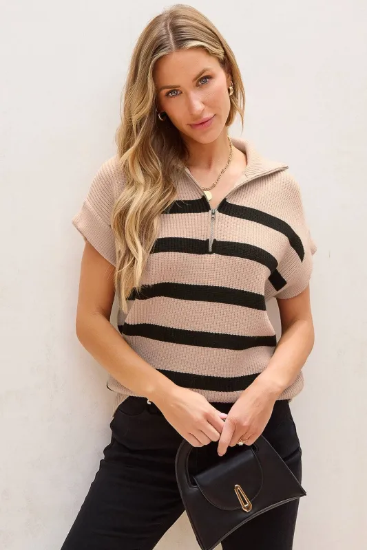 Khaki Stripe Zipped Collar Short Sleeve Sweater sold by Beagle Boutique