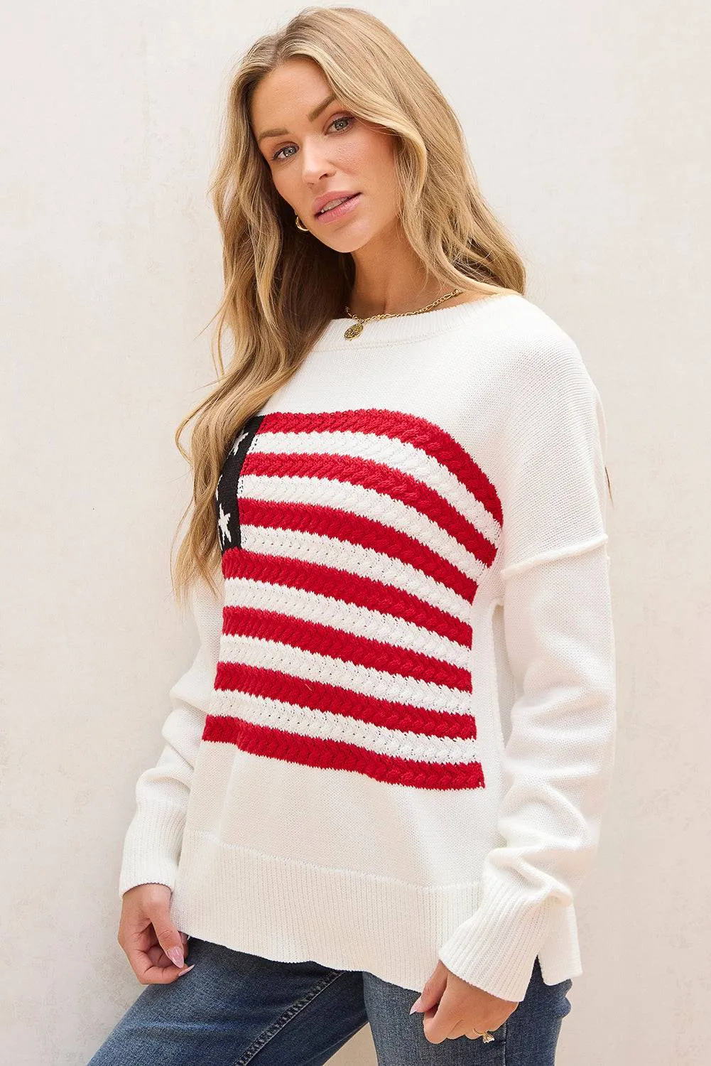 White American Flag Cable Knit Drop Shoulder Sweater sold by Beagle Boutique product image thumbnail 3