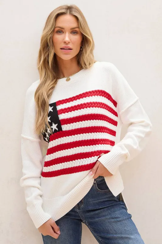 White American Flag Cable Knit Drop Shoulder Sweater sold by Beagle Boutique
