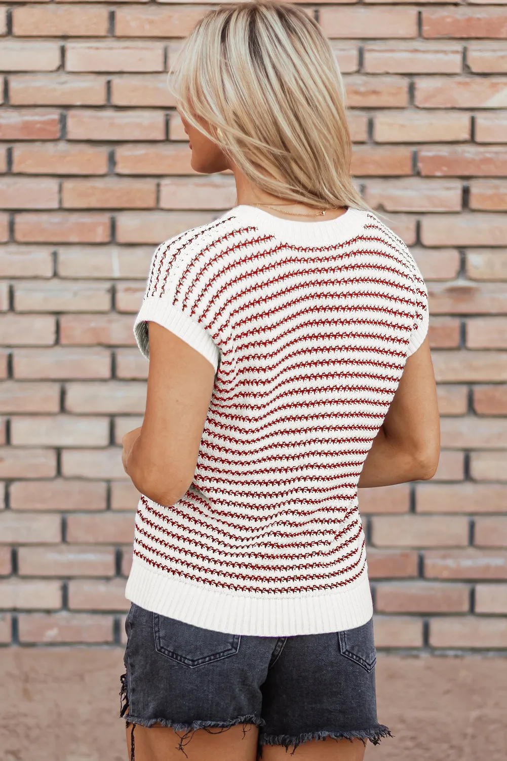 Red Stripe Ribbed Trim Loose Fit Knitted Sweater Vest sold by Beagle Boutique product image thumbnail 2