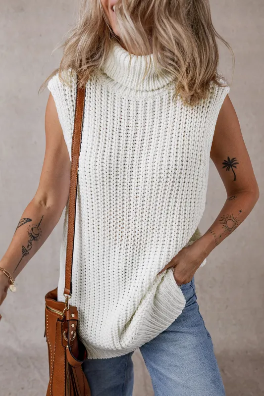 White Turtleneck Knitted Slit Hem Sweater Vest sold by Beagle Boutique