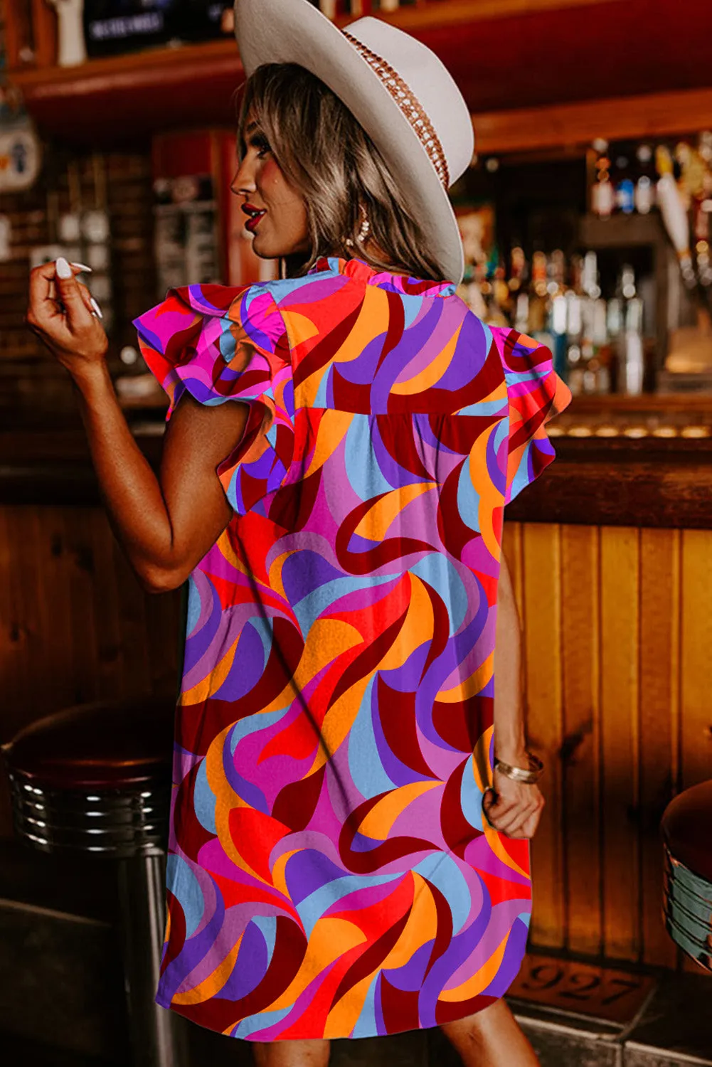 Orange Abstract Print Ruffled Sleeve Shift Dress sold by Beagle Boutique product image thumbnail 2