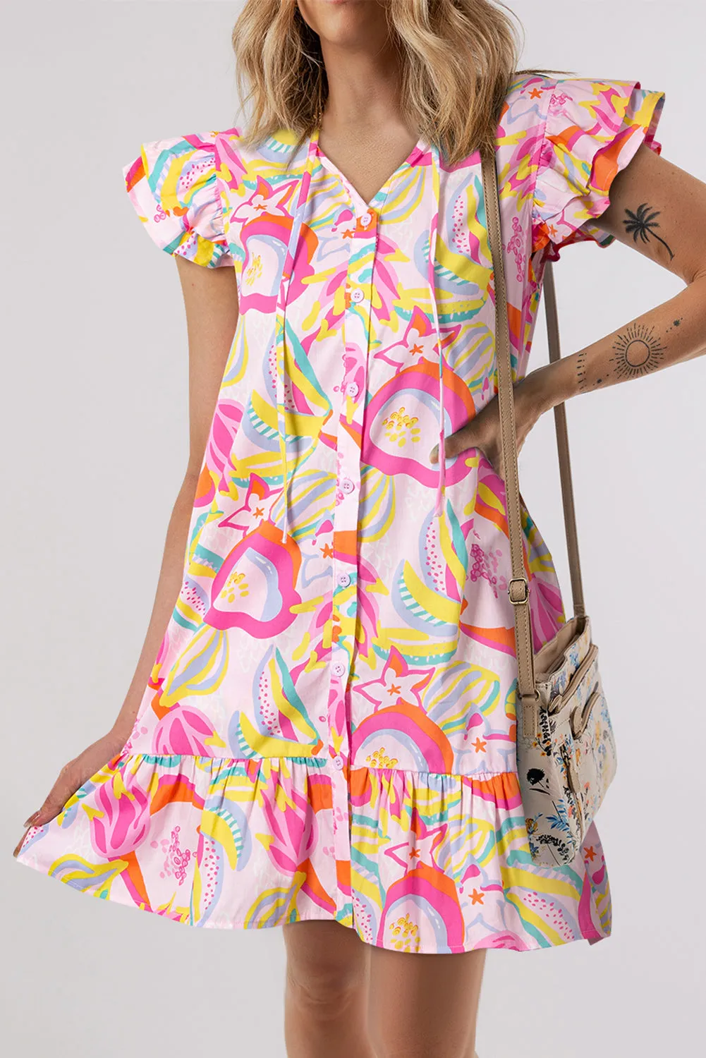 Pink Abstract Floral Ruffle Trim Flutter Sleeve Buttoned Dress sold by Beagle Boutique