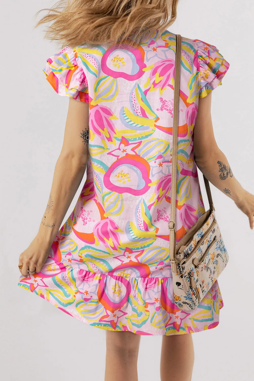 Pink Abstract Floral Ruffle Trim Flutter Sleeve Buttoned Dress sold by Beagle Boutique product image thumbnail 2