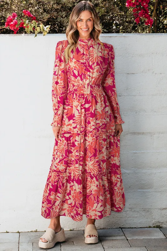 Rose Floral Print Buttoned Smocked High Waist Maxi Dress sold by Beagle Boutique