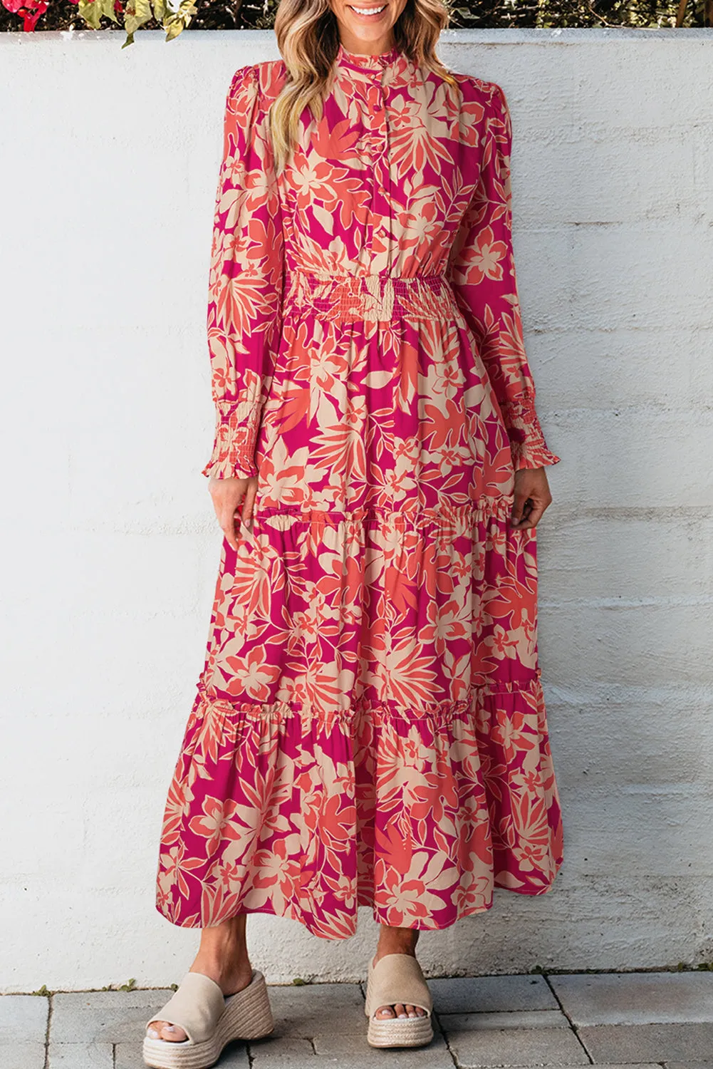 Rose Floral Print Buttoned Smocked High Waist Maxi Dress sold by Beagle Boutique product image thumbnail 3