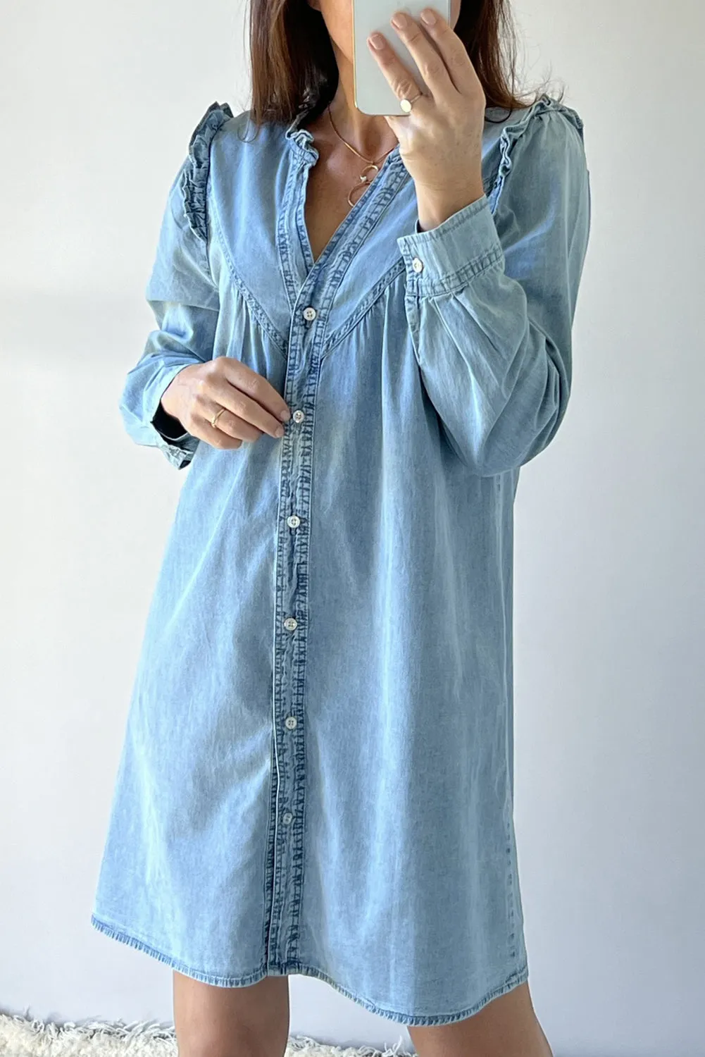 Myosotis Ruffled V Neck Buttoned Shift Denim Dress sold by Beagle Boutique product image thumbnail 3