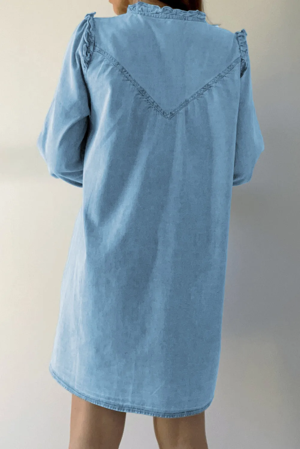 Myosotis Ruffled V Neck Buttoned Shift Denim Dress sold by Beagle Boutique product image thumbnail 2