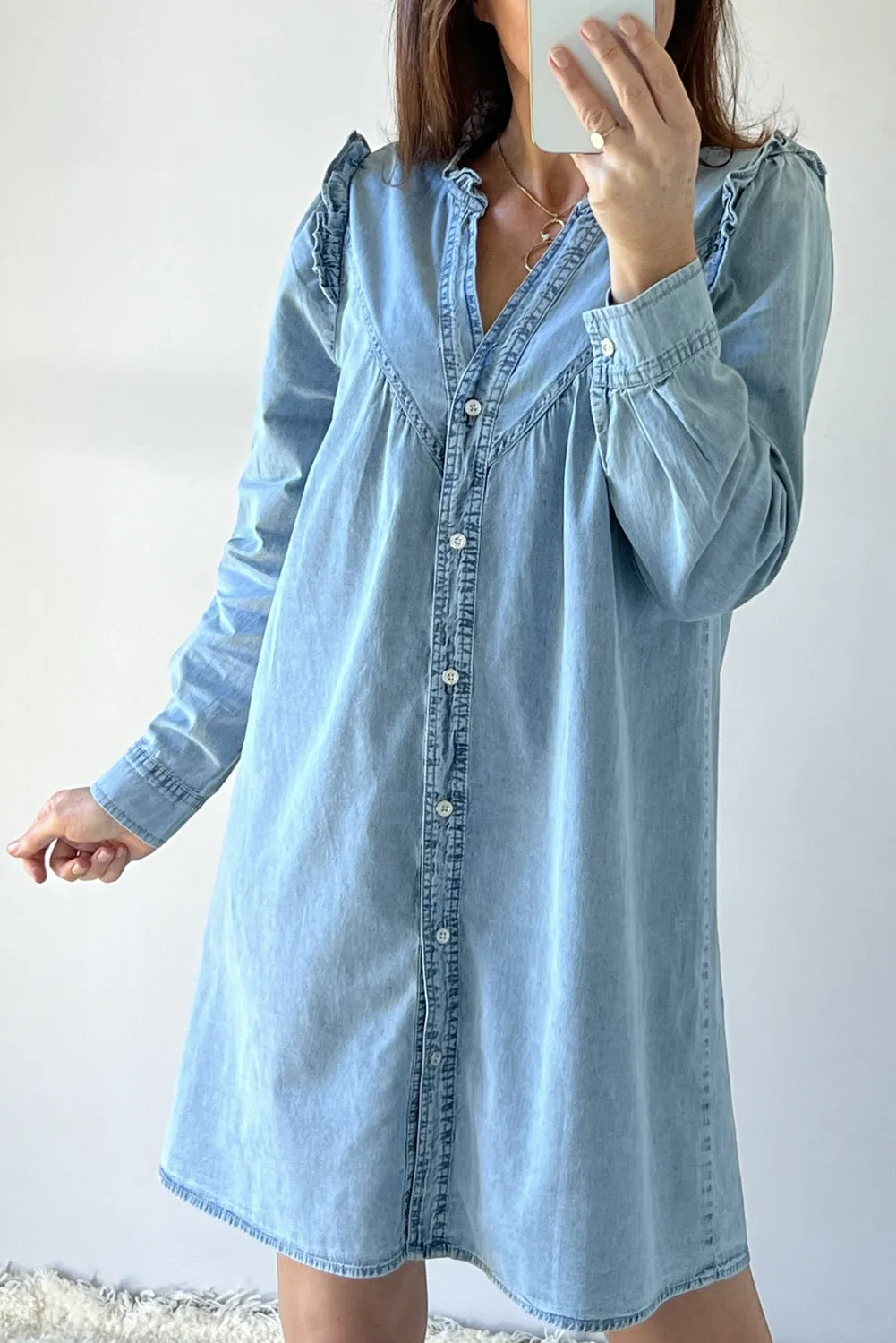 Myosotis Ruffled V Neck Buttoned Shift Denim Dress sold by Beagle Boutique