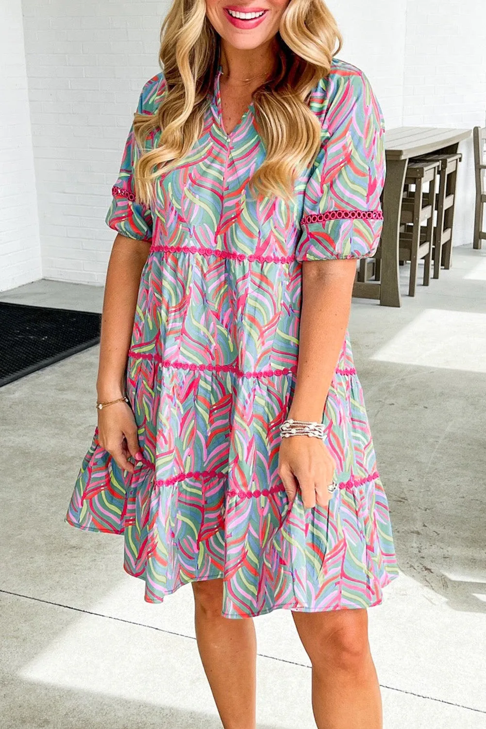 Light Blue Abstract Printed Ricrac Tiered Puff Sleeve Dress sold by Beagle Boutique