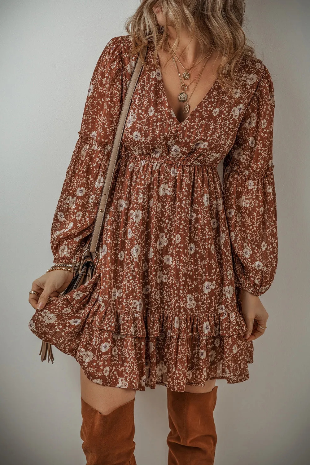 Brown Boho Floral Ruffled Puff Sleeve V Neck Mini Dress sold by Beagle Boutique product image thumbnail 3
