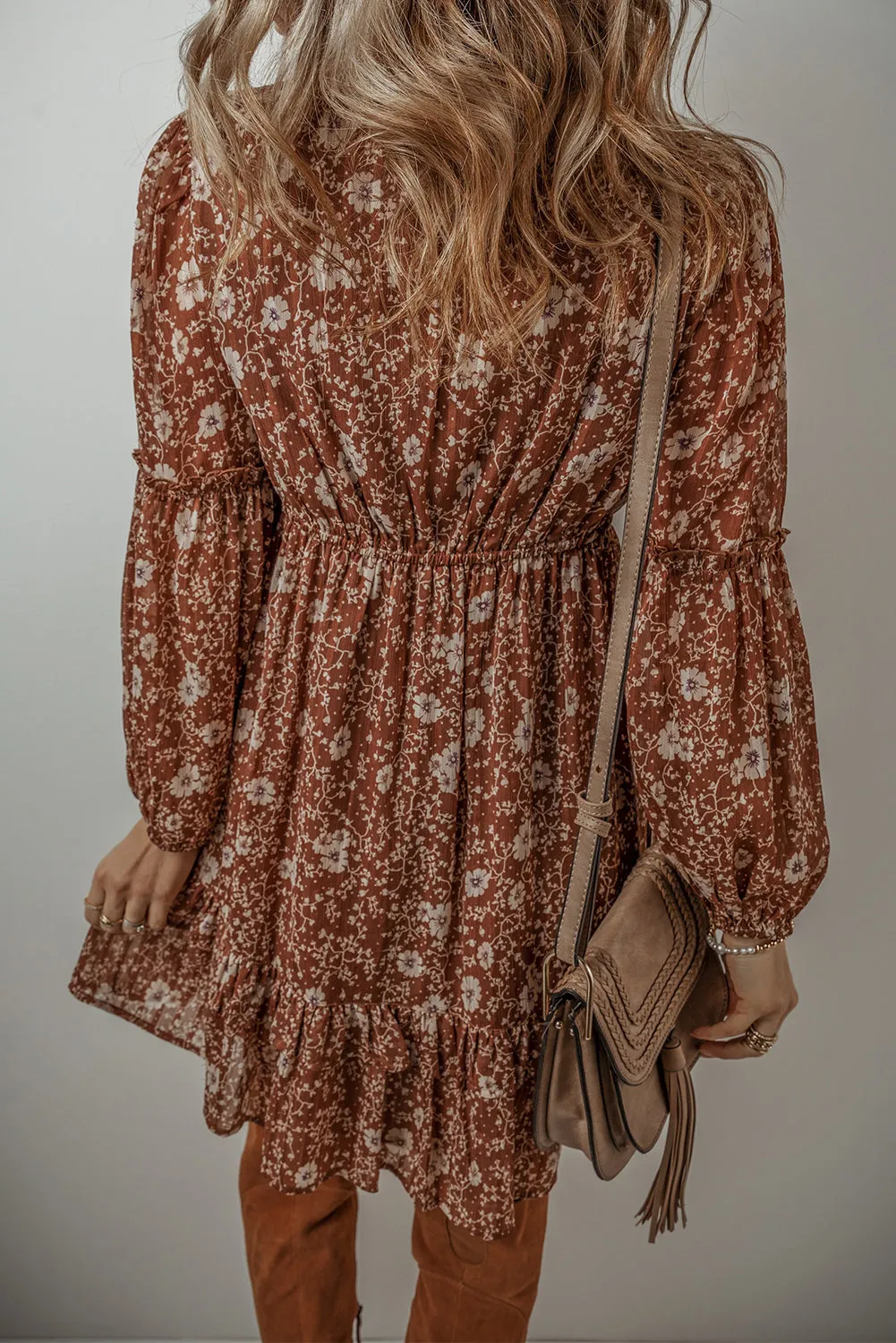 Brown Boho Floral Ruffled Puff Sleeve V Neck Mini Dress sold by Beagle Boutique product image thumbnail 2