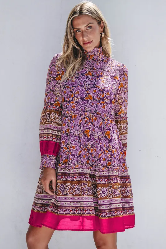 Purple Floral Smocked Puff Sleeve High Neck Mini Dress sold by Beagle Boutique
