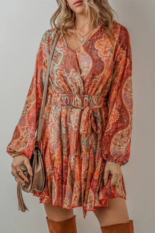 Orange Boho Paisley Print Long Sleeve Pleated Belted Mini Dress sold by Beagle Boutique