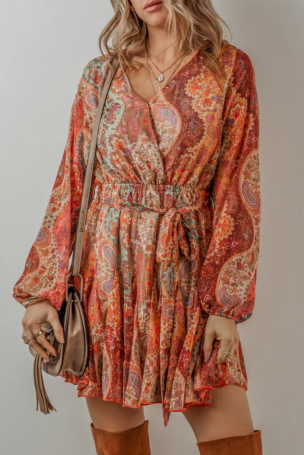 Orange Boho Paisley Print Long Sleeve Pleated Belted Mini Dress sold by Beagle Boutique