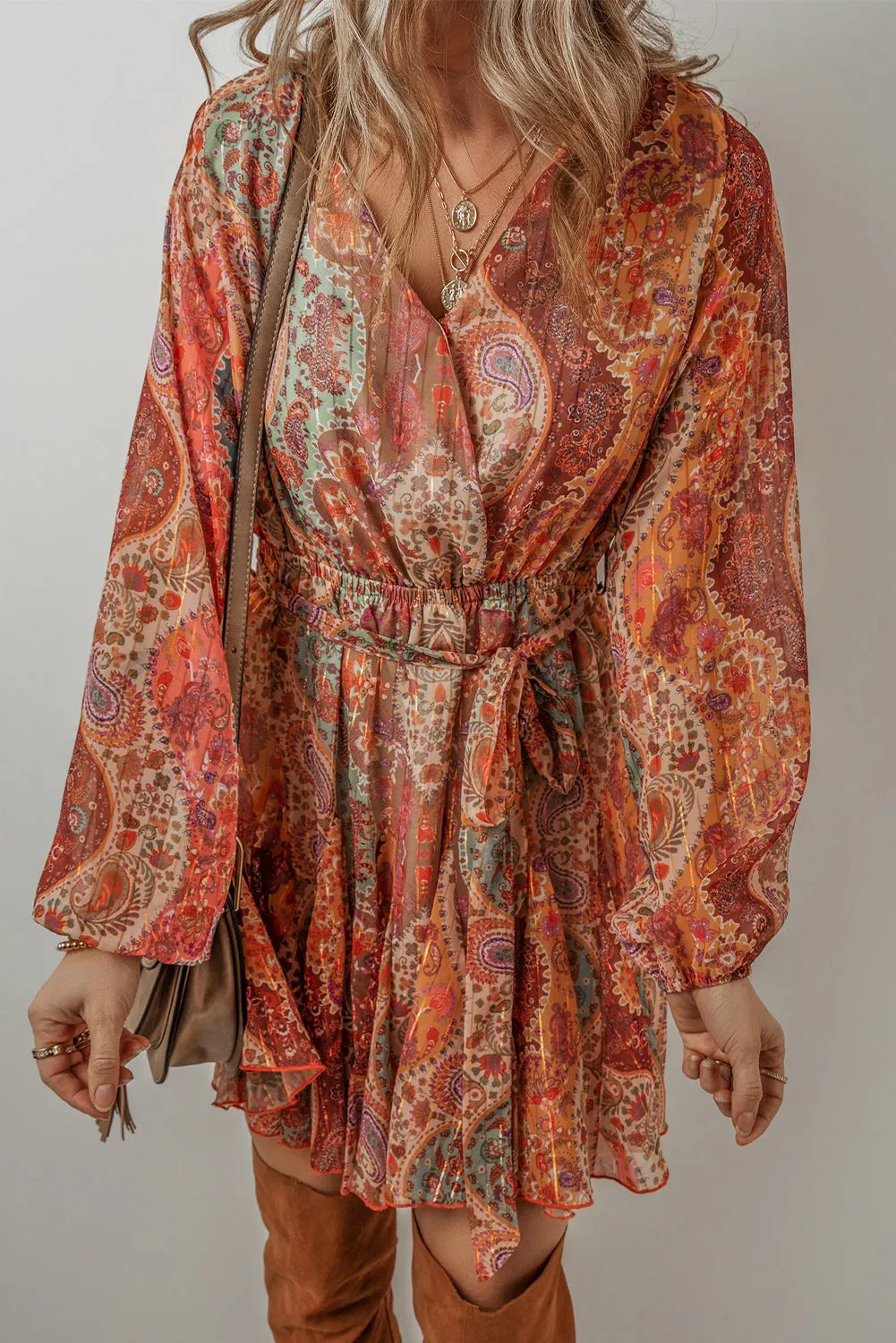 Orange Boho Paisley Print Long Sleeve Pleated Belted Mini Dress sold by Beagle Boutique product image thumbnail 3