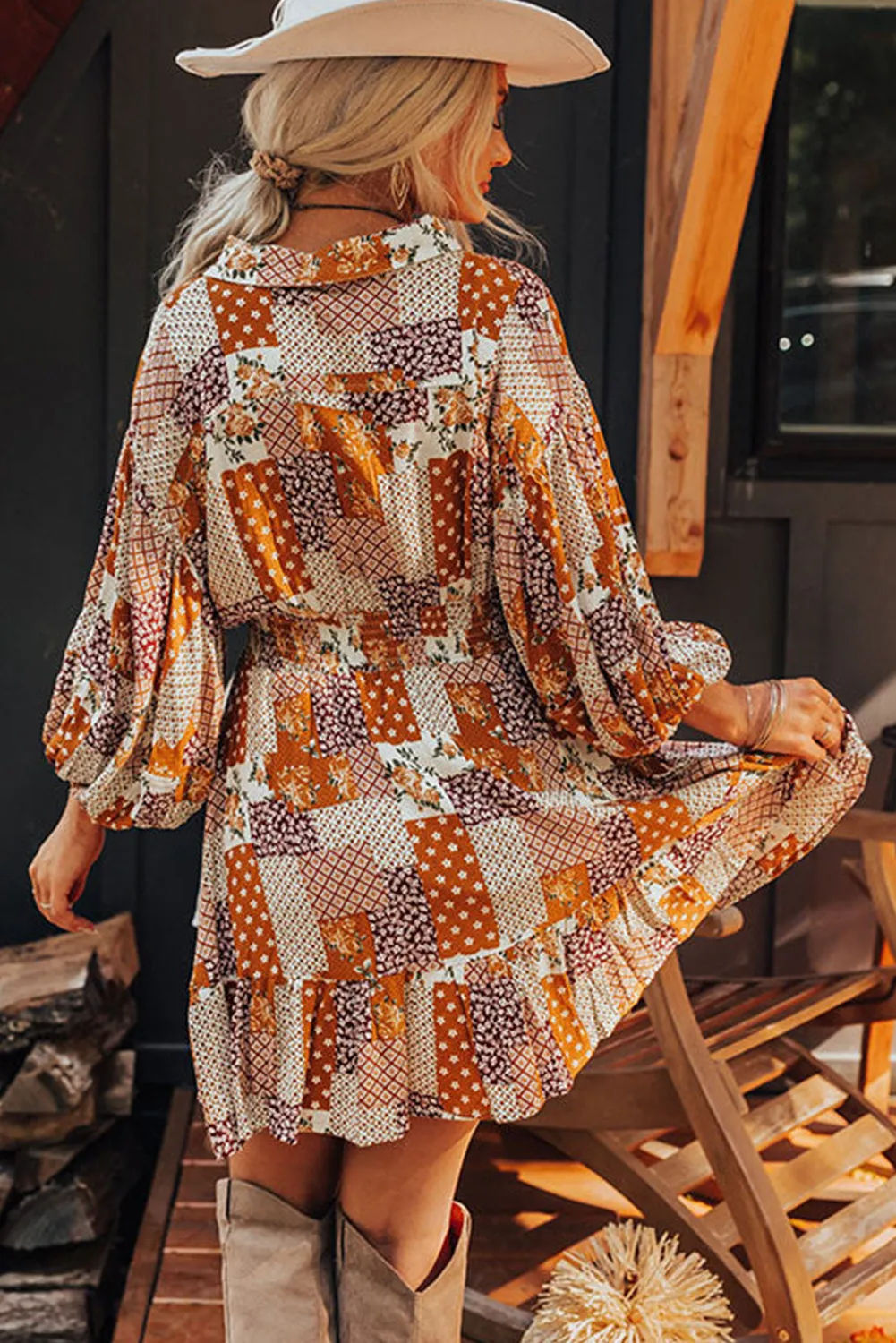 Orange Boho Floral Puff Sleeve Smocked Waist Mini Shirt Dress sold by Beagle Boutique product image thumbnail 2