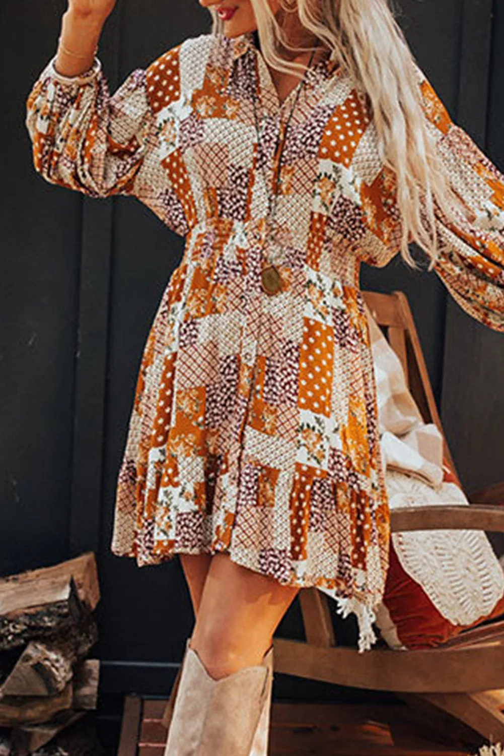 Orange Boho Floral Puff Sleeve Smocked Waist Mini Shirt Dress sold by Beagle Boutique