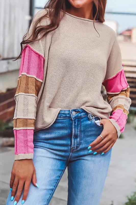 Simply Taupe Colourblock Exposed Seam Round Neck Sweater sold by Beagle Boutique