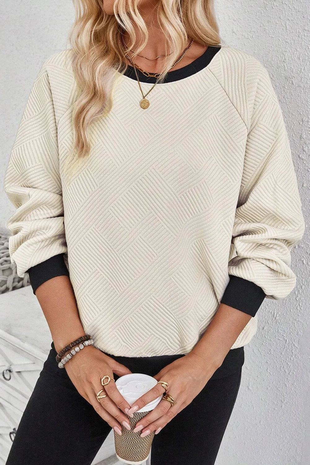 Jet Stream Colour Block Edge Raglan Sleeve Crew Neck Textured Top sold by Beagle Boutique product image thumbnail 3