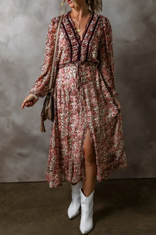 Brown Floral Print Split Front Tiered Frilled V Neck Midi Dress sold by Beagle Boutique