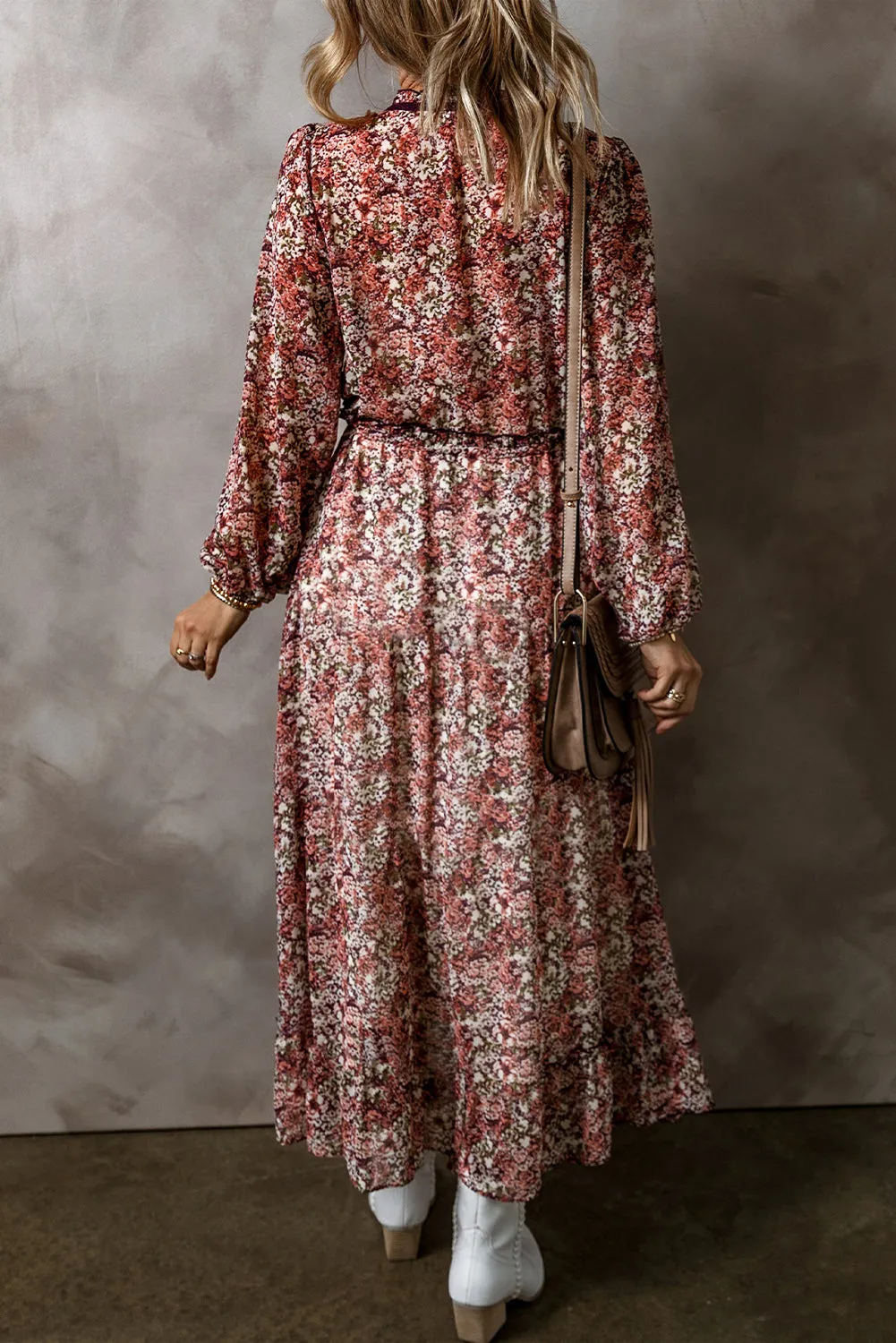 Brown Floral Print Split Front Tiered Frilled V Neck Midi Dress sold by Beagle Boutique product image thumbnail 2