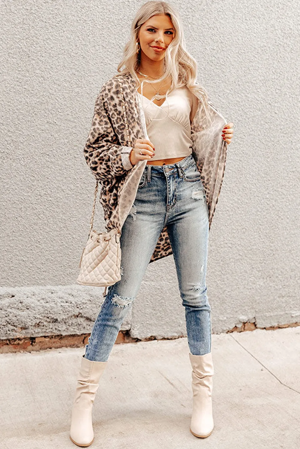 Khaki Leopard Print Batwing Sleeve Loose Tunic Cardigan sold by Beagle Boutique product image thumbnail 2