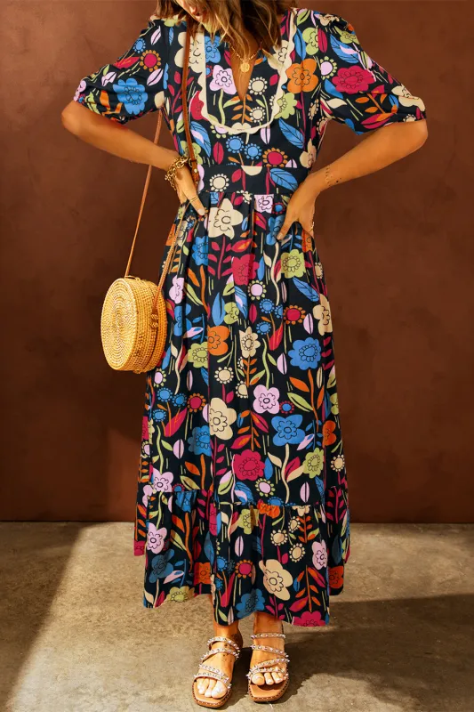 Black Retro Floral Printed Split Neck Maxi Dress sold by Beagle Boutique