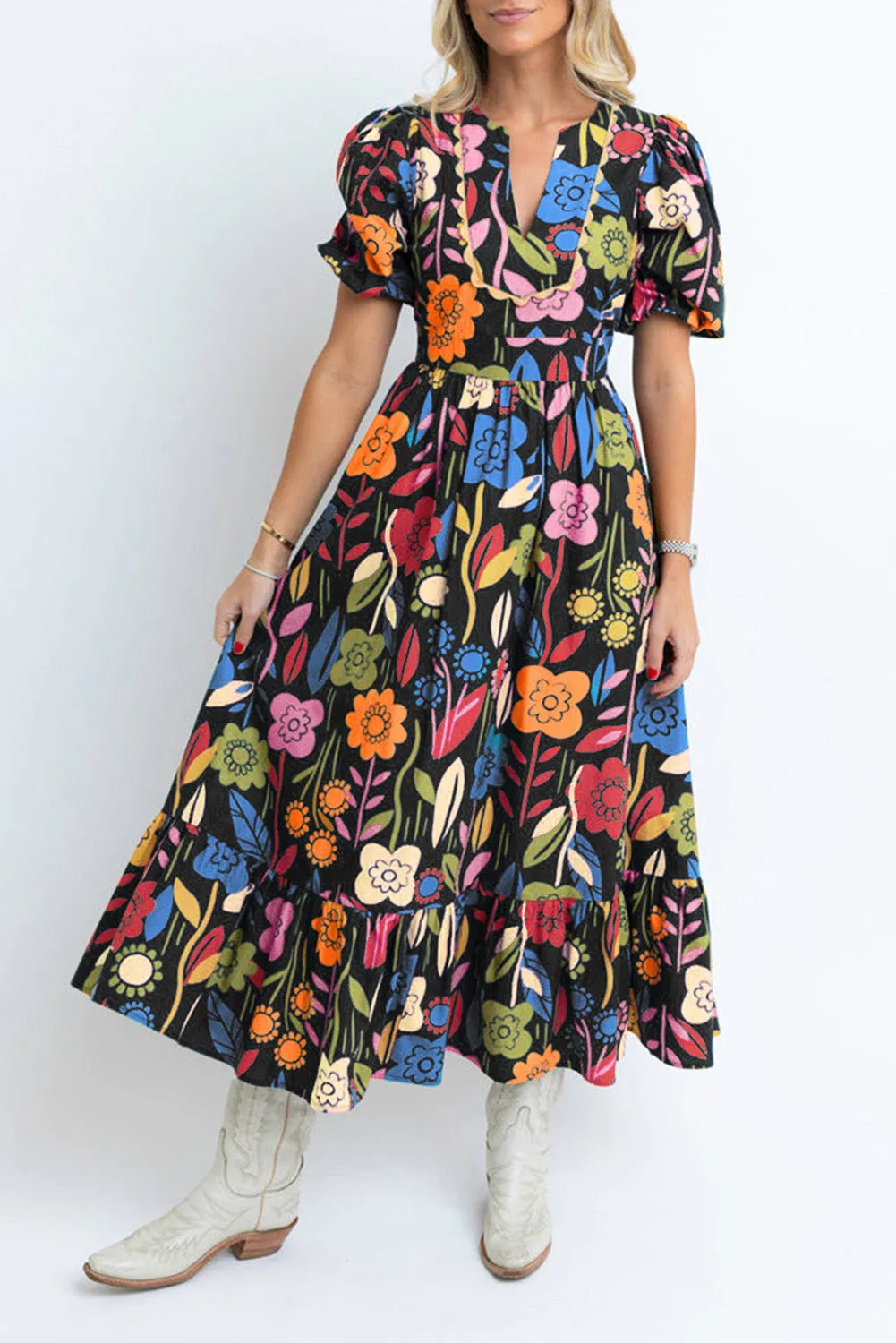 Black Retro Floral Printed Split Neck Maxi Dress sold by Beagle Boutique product image thumbnail 3