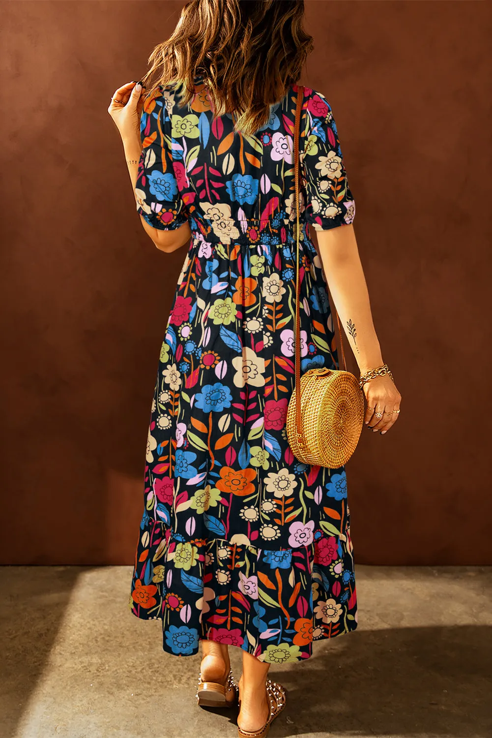 Black Retro Floral Printed Split Neck Maxi Dress sold by Beagle Boutique product image thumbnail 2