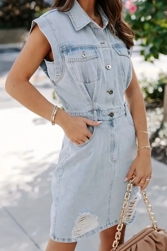 Light Blue Acid Wash Flap Pockets Frayed Denim Dress sold by Beagle Boutique