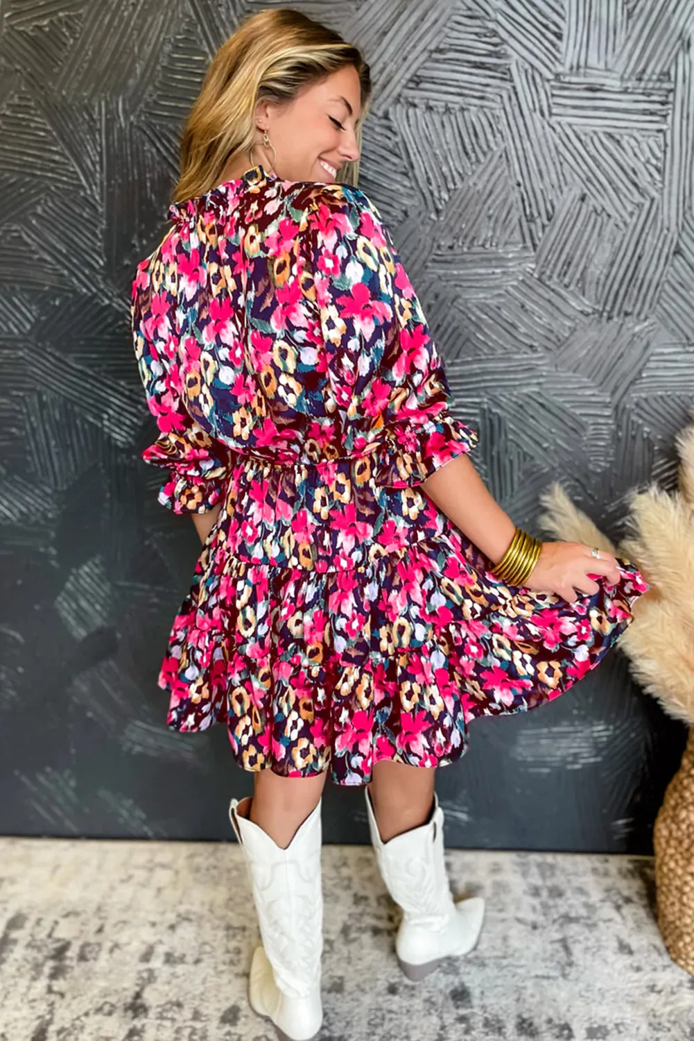 Rose Red Floral Print Tiered Ruffled Half Sleeve V Neck Dress sold by Beagle Boutique product image thumbnail 2