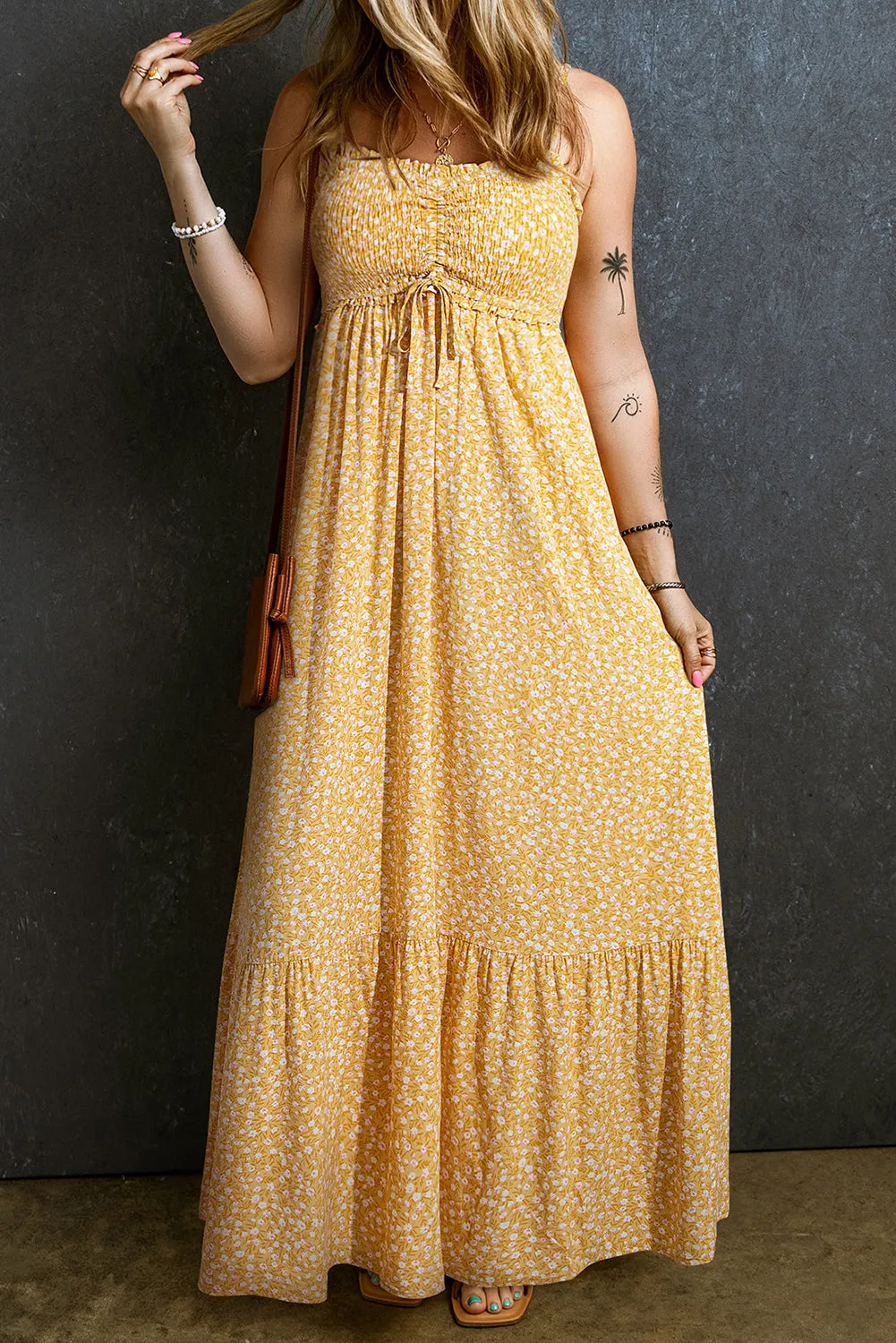 Yellow Frilly Smocked High Waist Floral Maxi Dress sold by Beagle Boutique