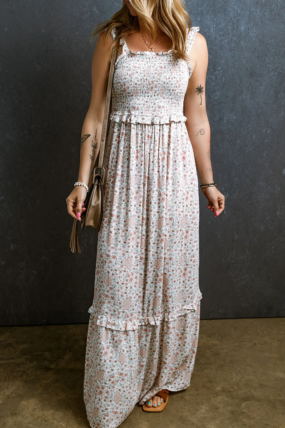 White Lace Frilly Straps Shirred Floral Maxi Dress sold by Beagle Boutique product image thumbnail 3