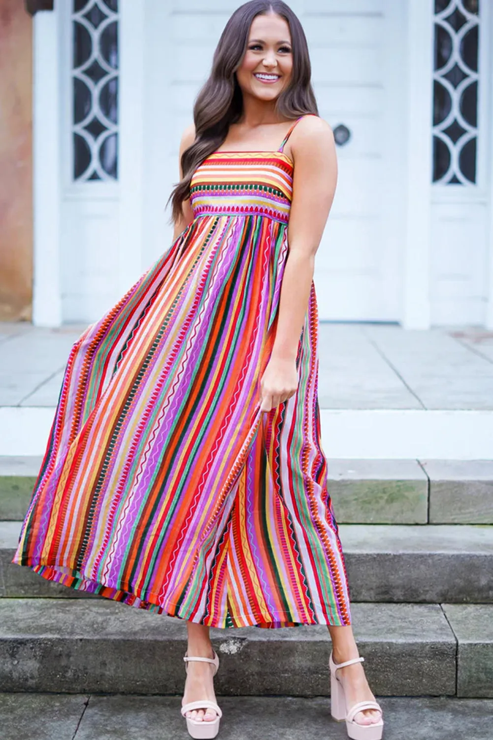 Multicolour Striped Thin Straps Smocked Back Boho Maxi Dress sold by Beagle Boutique product image thumbnail 3