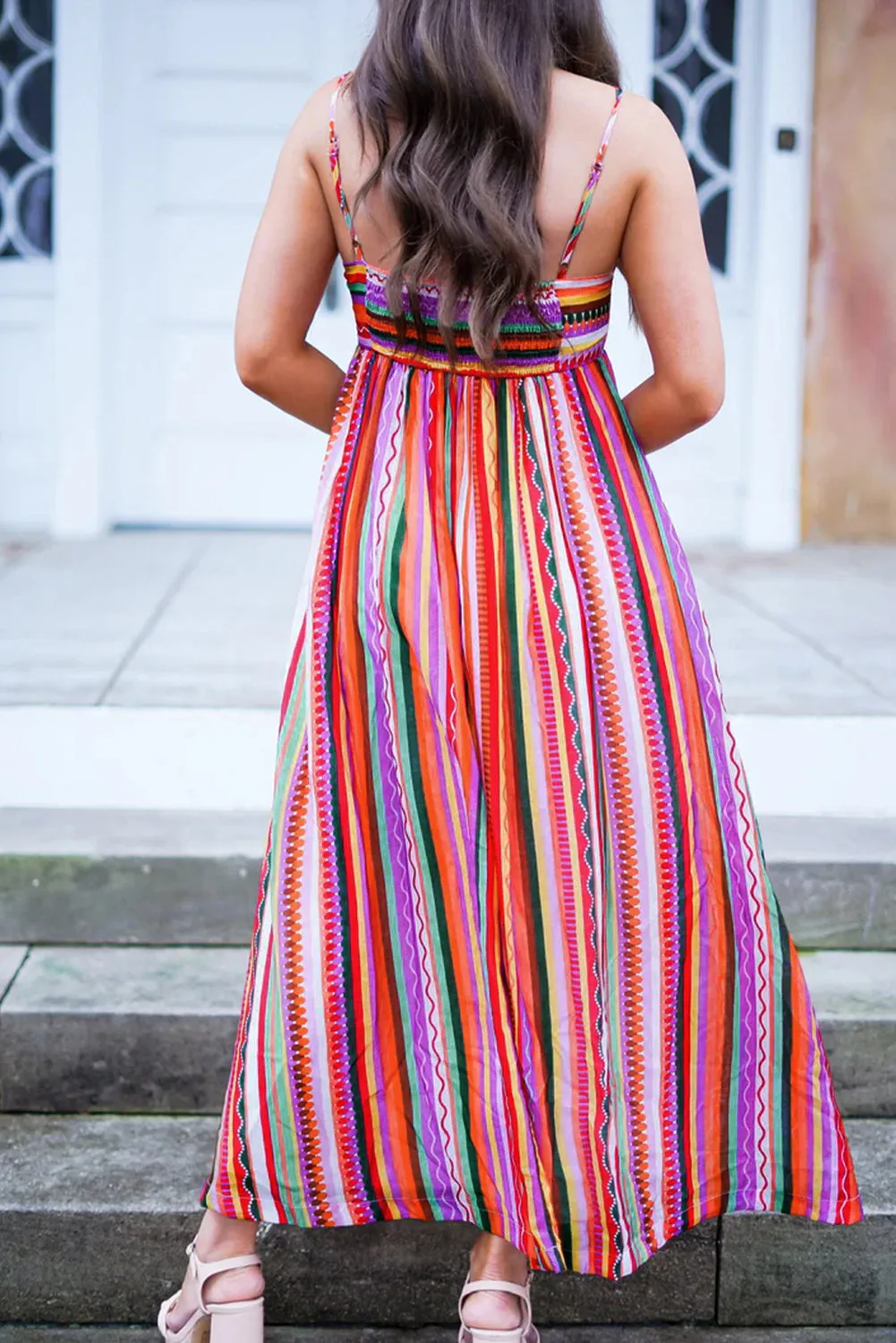 Multicolour Striped Thin Straps Smocked Back Boho Maxi Dress sold by Beagle Boutique product image thumbnail 2