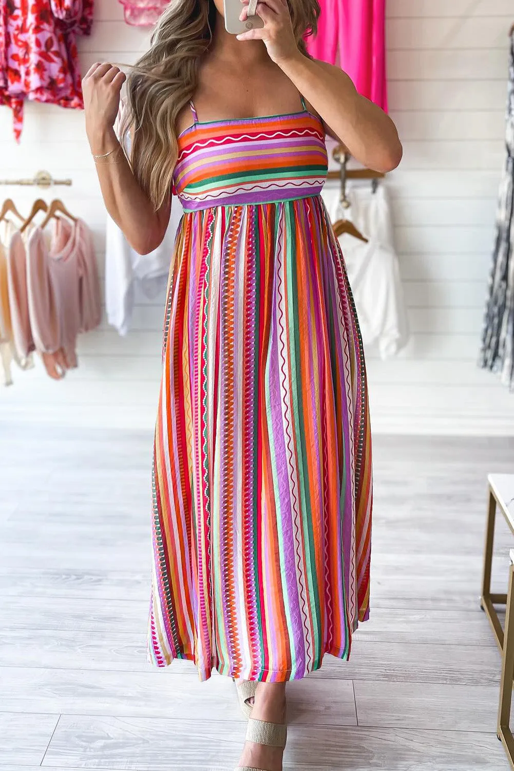 Multicolour Striped Thin Straps Smocked Back Boho Maxi Dress sold by Beagle Boutique