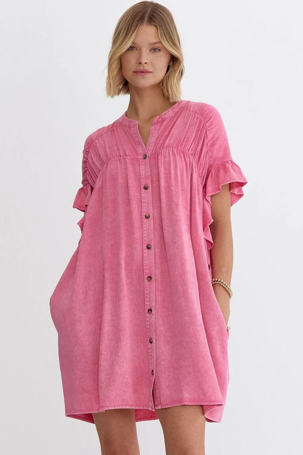 Pink Ruffled Short Sleeve Buttoned Denim Mini Dress sold by Beagle Boutique product image thumbnail 3
