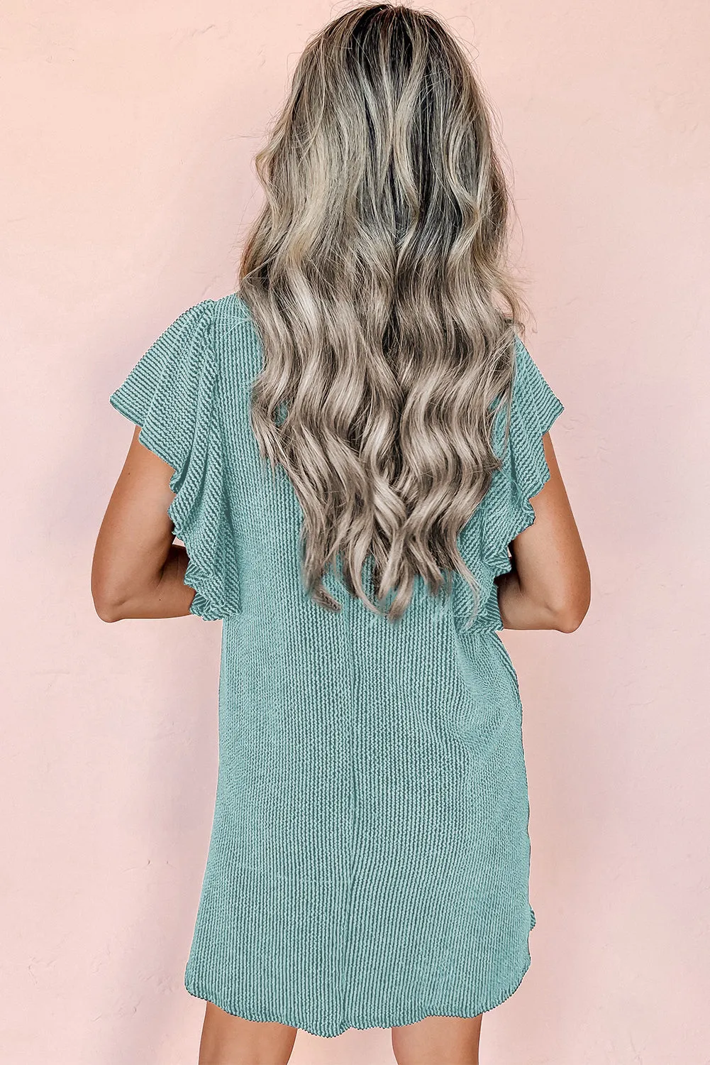 Aruba Blue Textured Ruffled Flutter Sleeve Mini Dress sold by Beagle Boutique product image thumbnail 2