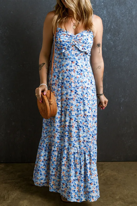 Sky Blue Floral Print Ruffled Ruched Maxi Dress sold by Beagle Boutique